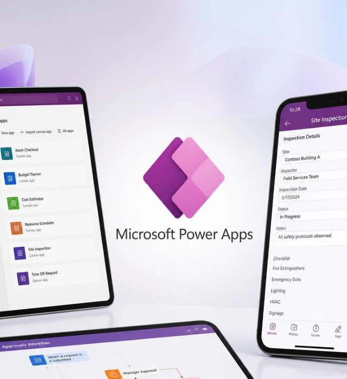 Interface d'application mobile et tablette sur mesure développée avec Microsoft Power Apps sur fond blanc moderne. Créez des applications sur mesure sans coder grâce à Microsoft Power Apps. Solution low-code idéale pour digitaliser vos processus métier et booster la productivité.