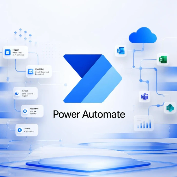Diagramme de flux de travail automatisés et nœuds de réseau cloud représentatifs de Microsoft Power Automate. Automatisez vos flux de travail et vos processus répétitifs avec Microsoft Power Automate. Optimisez vos tâches quotidiennes et vos workflows cloud en toute simplicité.