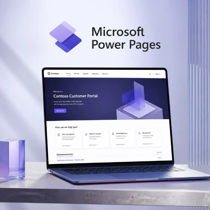 Aperçu d'un portail web professionnel et sécurisé conçu sur un ordinateur portable avec Microsoft Power Pages. Concevez des sites web professionnels et des portails d'entreprise sécurisés avec Microsoft Power Pages. Connectez vos données d'entreprise à vos clients et partenaires.