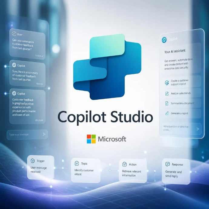 Interface d'agent virtuel conversationnel et bulles d'assistant IA développées via Microsoft Copilot Studio. Déployez des agents conversationnels et des chatbots intelligemment connectés à vos données grâce à Microsoft Copilot Studio. Support client et interne 24/7.