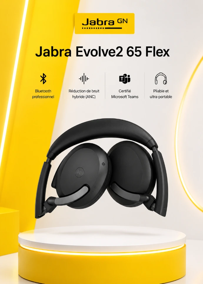 Le Jabra Evolve2 65 Flex est un casque Bluetooth professionnel certifié Microsoft Teams, conçu pour le travail hybride, les entreprises et les collaborateurs en mobilité. MT Nexus, revendeur Jabra, fournisseur informatique et intégrateur IT à Casablanca, accompagne les entreprises avec des solutions de communication unifiée performantes.