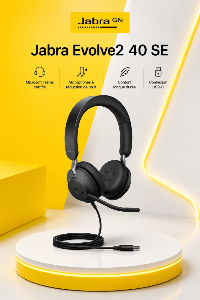 Le Jabra Evolve2 40 SE est un casque filaire professionnel certifié Microsoft Teams offrant une excellente qualité audio pour les entreprises, les centres de services et les bureaux. Disponible chez MT Nexus, revendeur Jabra, intégrateur IT et fournisseur informatique à Casablanca.