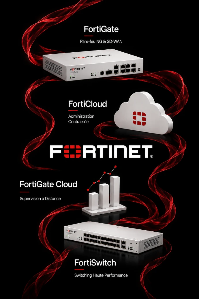 Solutions de sécurité et réseau Fortinet présentées par MT NEXUS, incluant FortiGate, FortiSwitch, FortiCloud et FortiGate Cloud. revendeur agréé Fortinet au Maroc