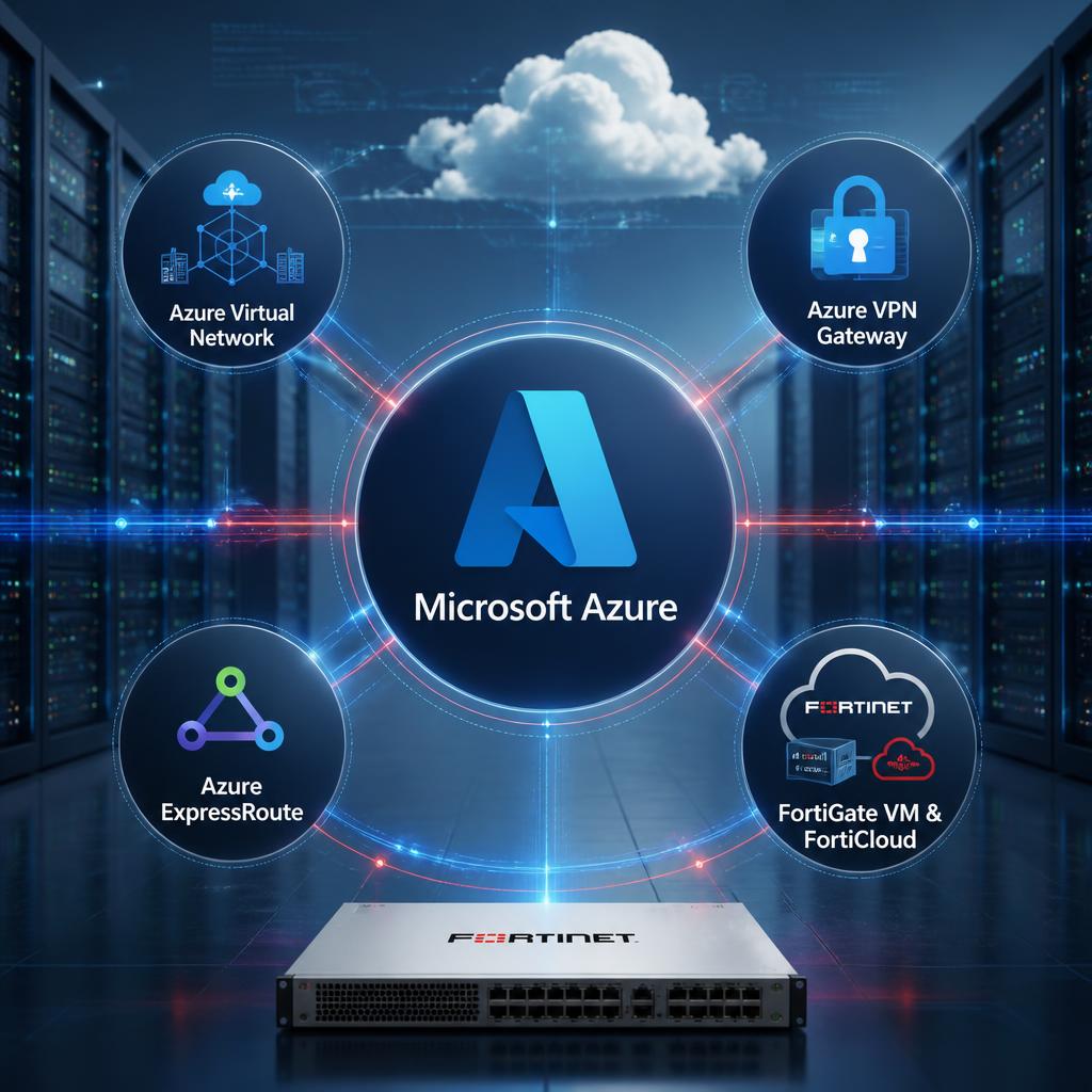 Architecture réseau hybride Microsoft Azure VNet, VPN Gateway, ExpressRoute et FortiGate VM intégrée par MT NEXUS au Maroc. Interconnectez votre réseau d'entreprise avec Microsoft Azure et Fortinet SD-WAN. MT NEXUS, fournisseur et intégrateur réseau au Maroc, vous accompagne sur Azure Virtual Network, ExpressRoute, VPN Gateway et FortiCloud.