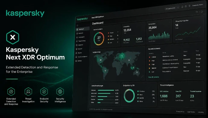 Plateforme d'analyse et de réponse étendue aux menaces (XDR) Kaspersky Next XDR Optimum dédiée à la sécurité informatique des entreprises au Maroc.