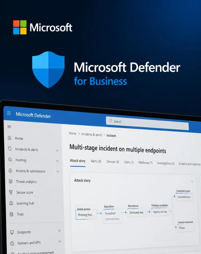 Achetez vos licences Microsoft Defender for Business et Endpoint chez votre revendeur et partenaire agréé Microsoft au Maroc. Devis rapide, déploiement EDR et accompagnement technique certifié.