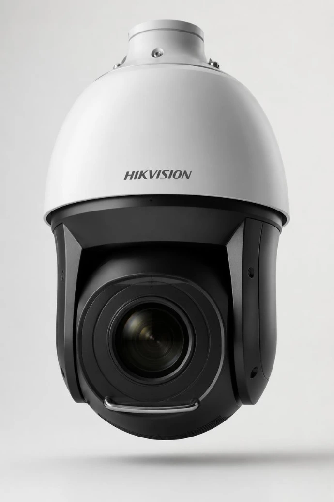 Caméra de surveillance motorisée Hikvision PTZ avec zoom optique longue portée pour la protection des grands sites industriels, entrepôts et zones logistiques au Maroc.